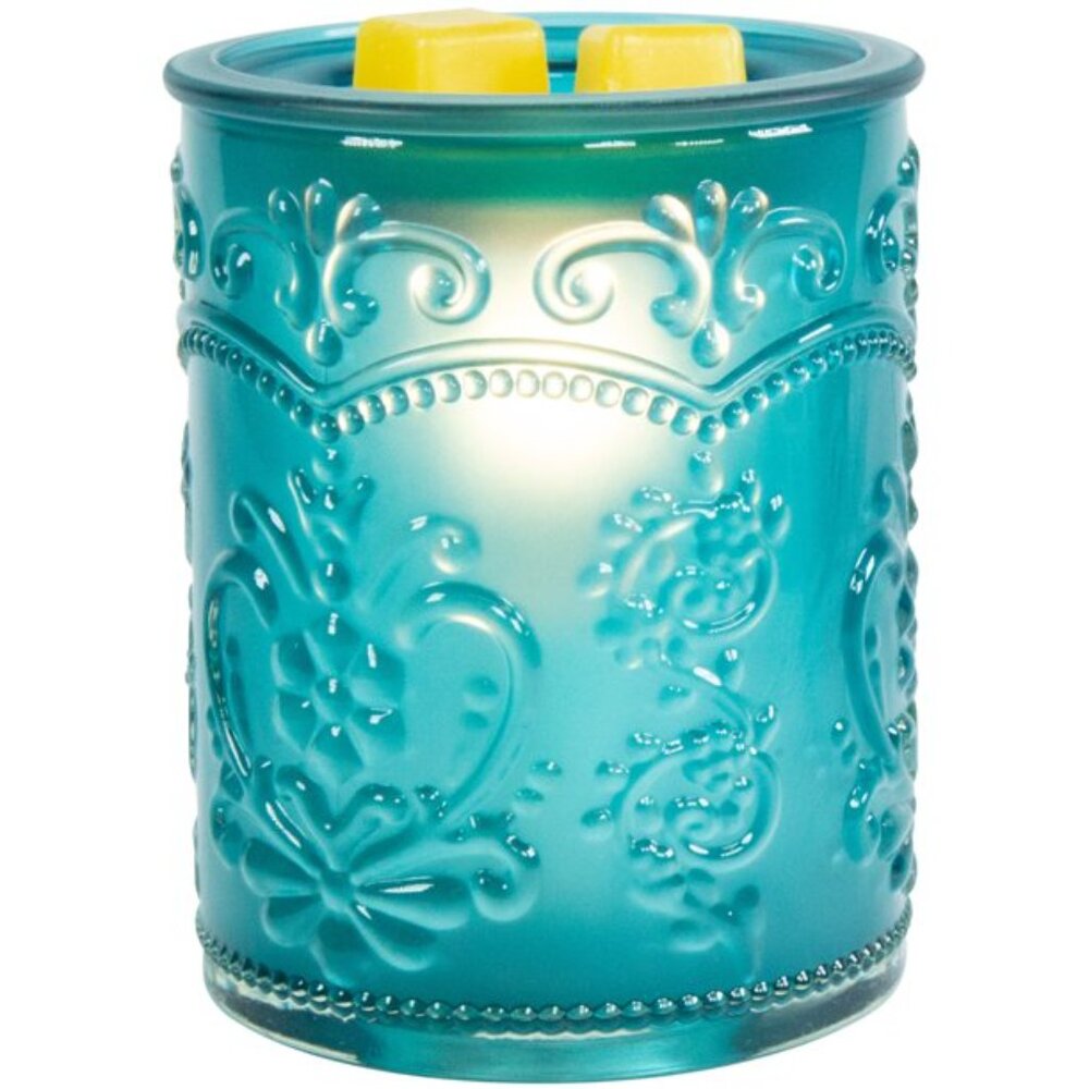 Pioneer Woman Teal Amelia Embossed Glass Scented Wax Warmer Full Size New - Picture 9 of 11